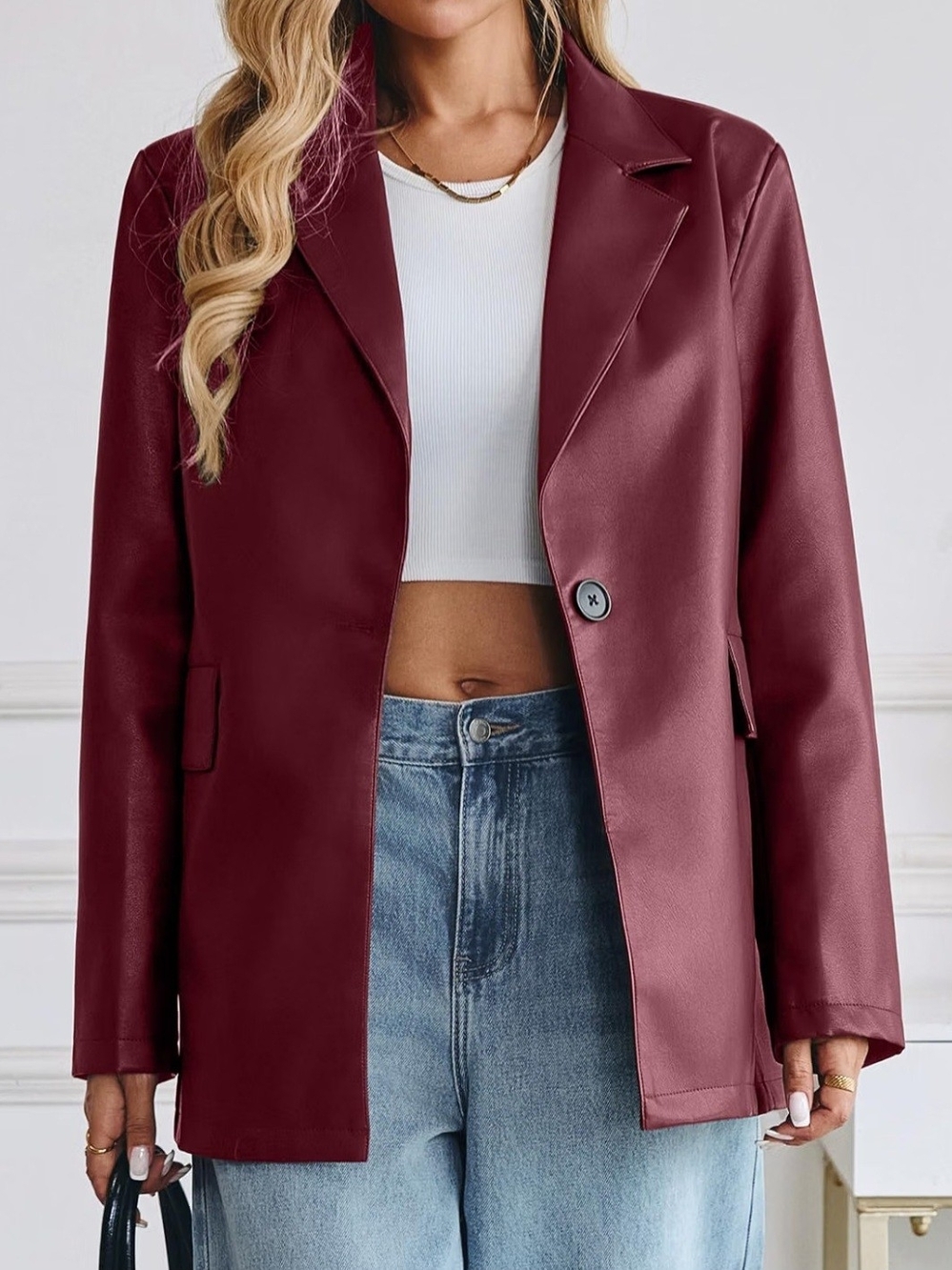 Womens Faux Leather Blazer Jacket Oversized Bomber Button Down Coat Size Medium